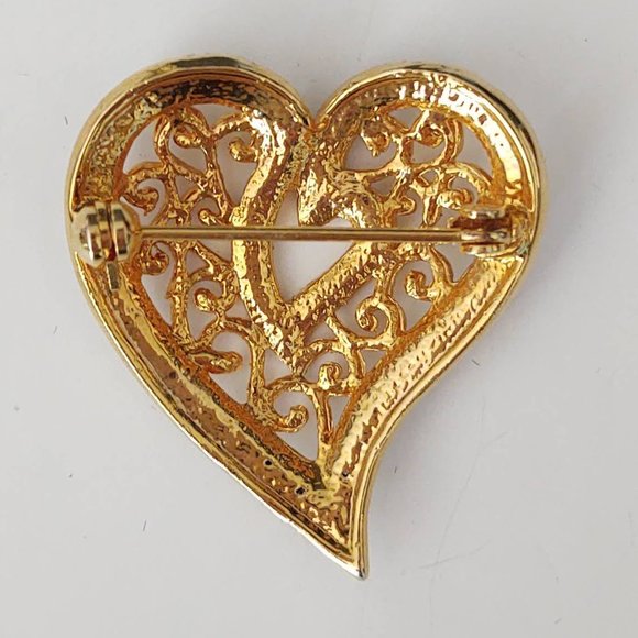 Gold filigree heart brooch with clear crystals - Picture 6 of 7